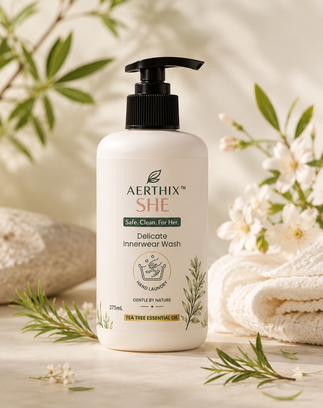 A bottle of Aertthix She Delicate Innerwear Wash with a black pump dispenser, styled on a light marble surface with white towels, green leaves, and small white flowers.